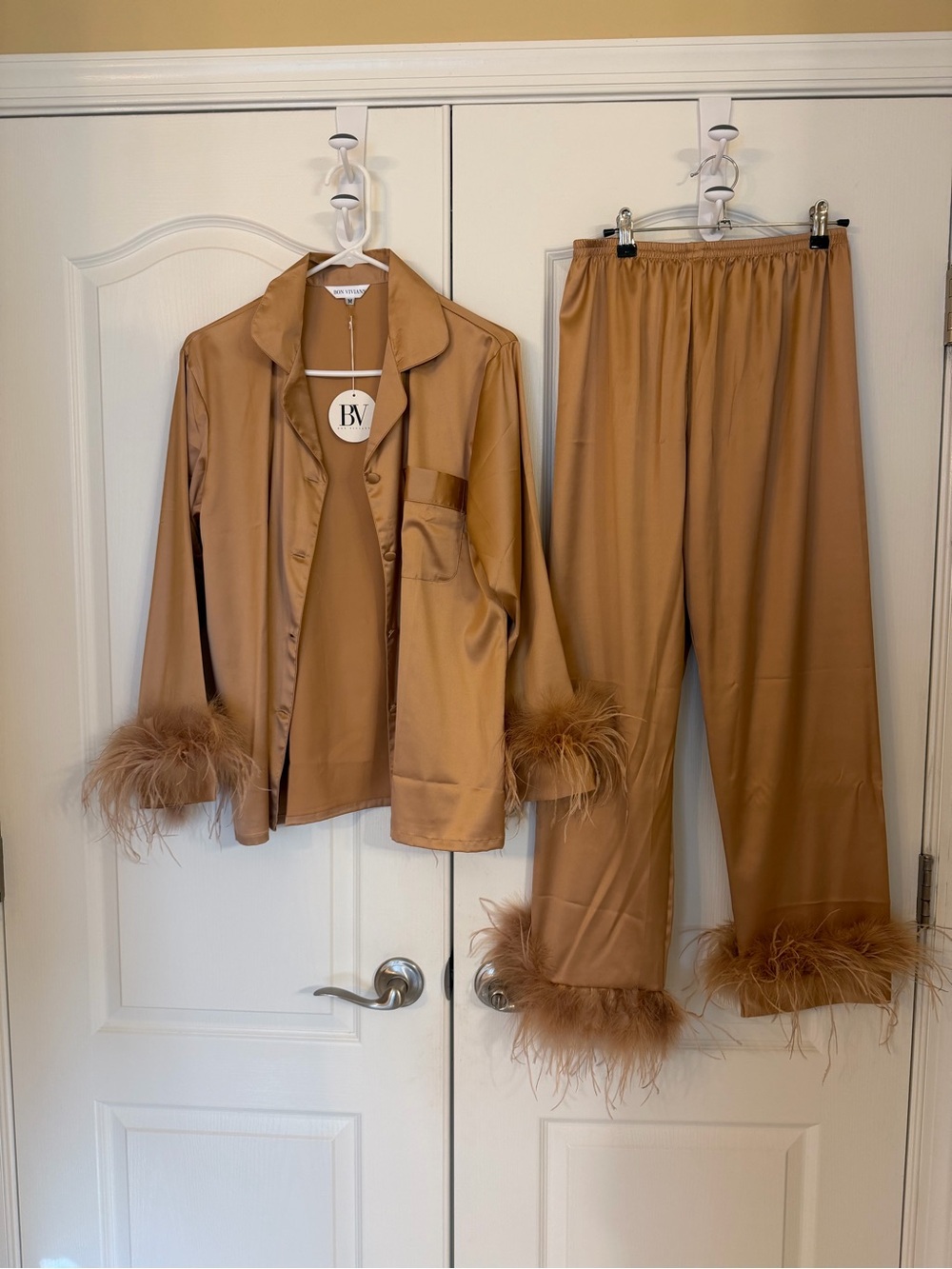 Satin Wide-Leg Feather-Trim 2 PC Pajama Pants & Shirt - Butterscotch color NWT!